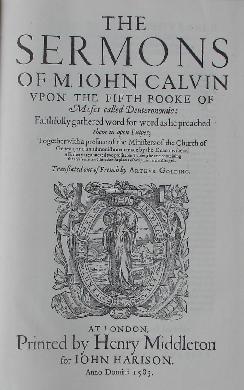 Title page from Calvin's Sermons on Deuteronomy, in which Calvin referred to Islam and the papacy as the two horns of antichrist